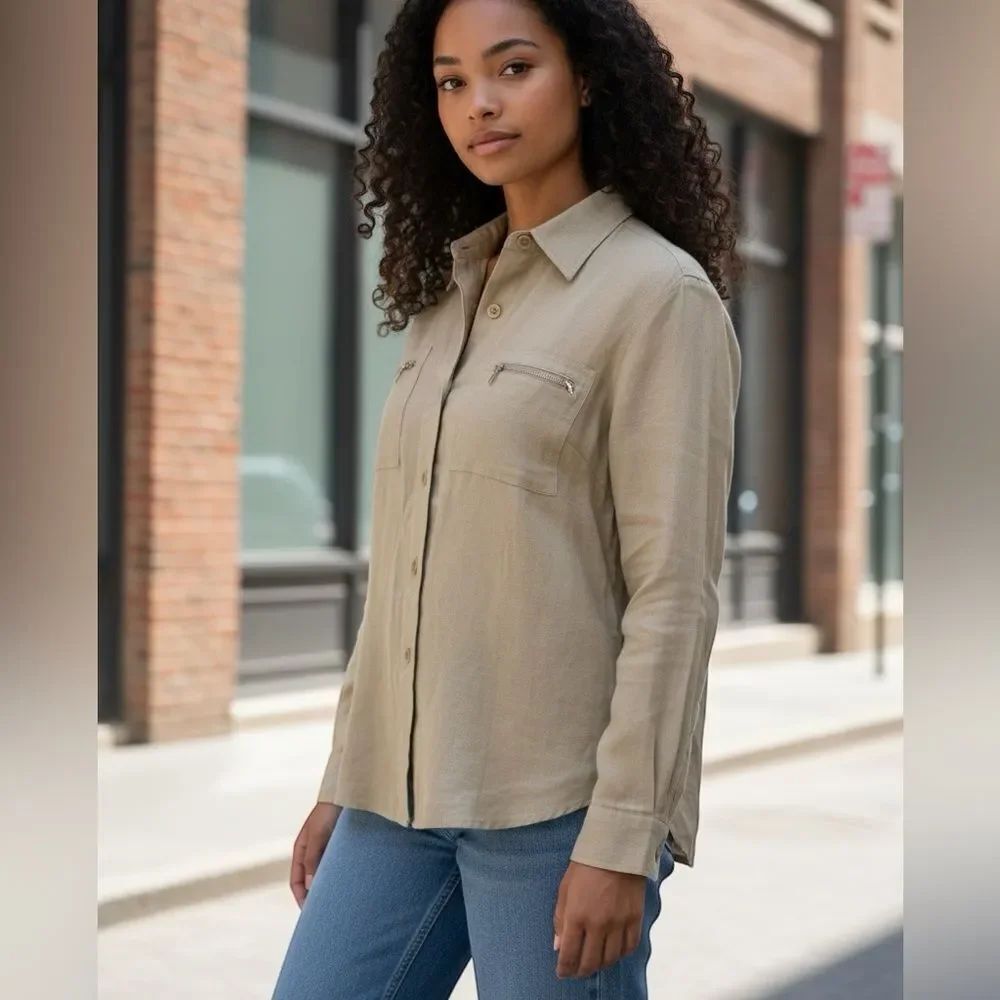 Ralph Lauren Light Tan Button-Down Shirt with zip breast pockets